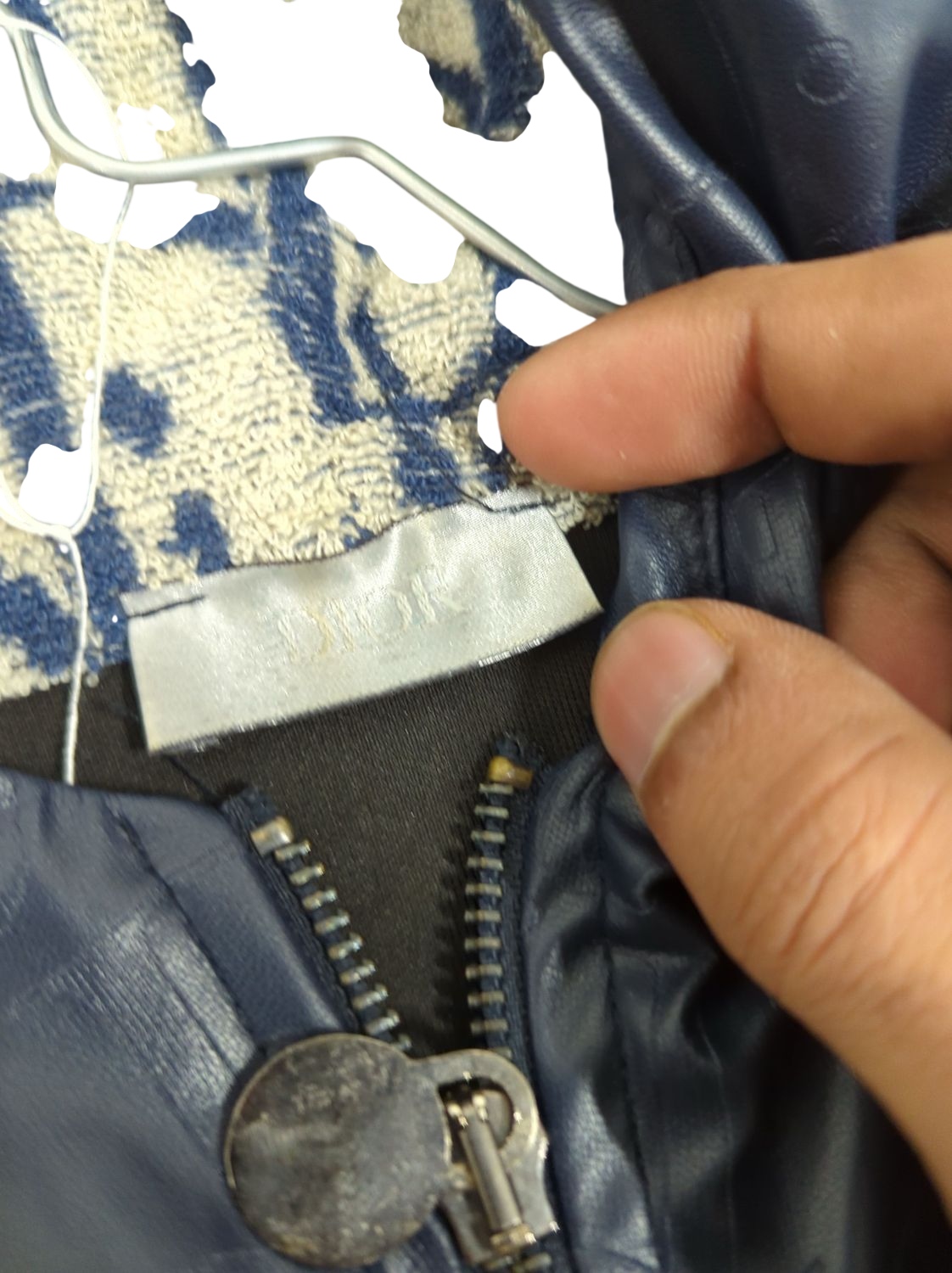 Men's Navy & Beige Patterned Bomber Jacket with Leather Details