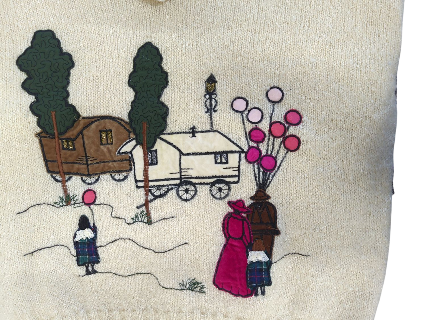 Maurice Athor Cream Embroidered Folk Scene Sweater - Vintage