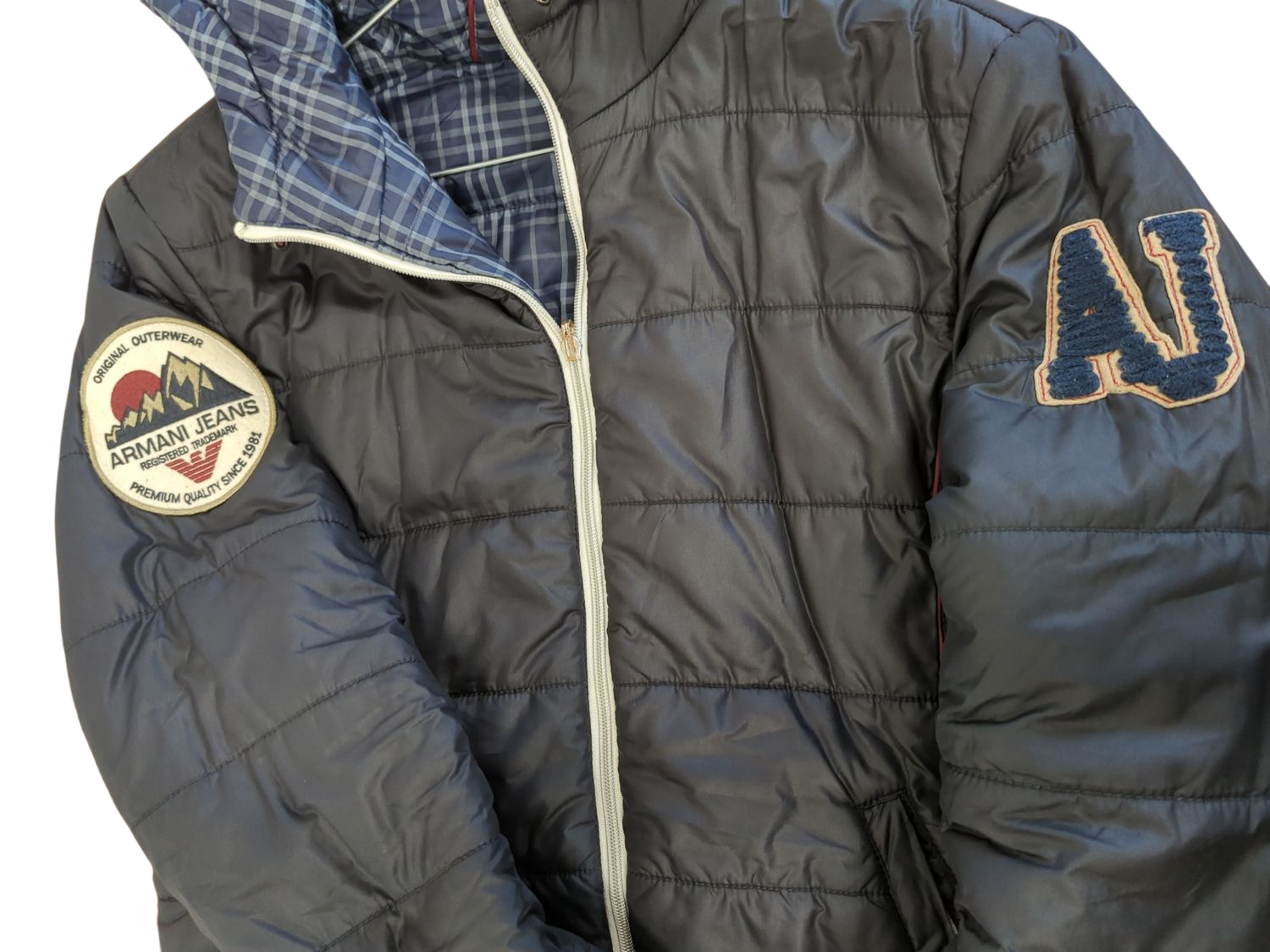 Armani Jeans Black Quilted Parka Jacket with Plaid Lining