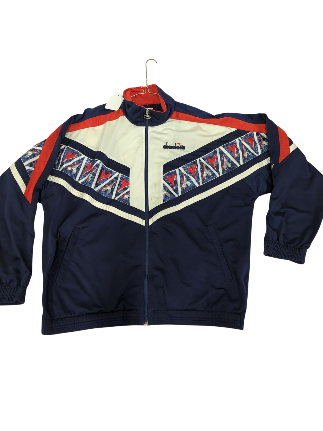 Vintage Diadora Track Jacket - Navy, Red & White Pattern