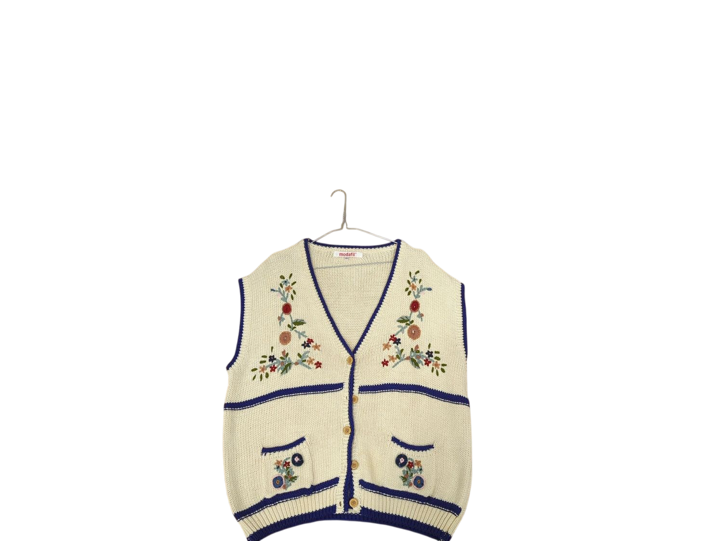 Modafil Cream Knit Vest with Floral Embroidery - Size 03