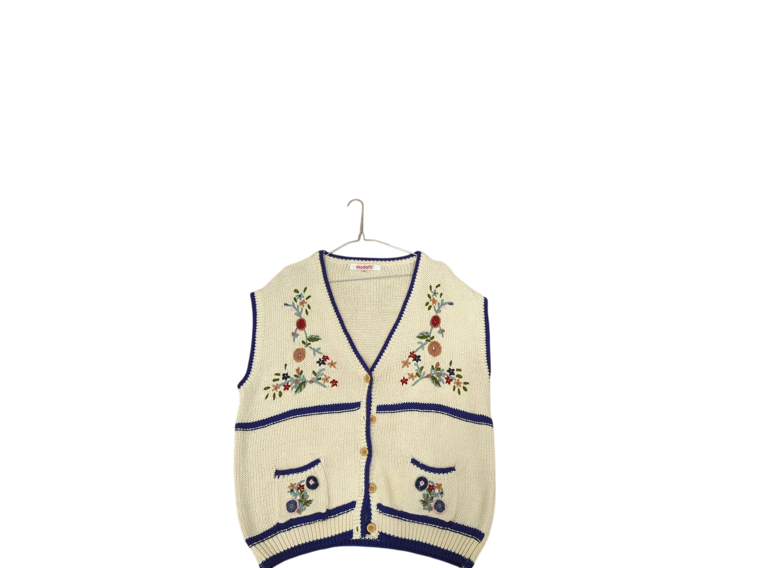 Modafil Cream Knit Vest with Floral Embroidery - Size 03