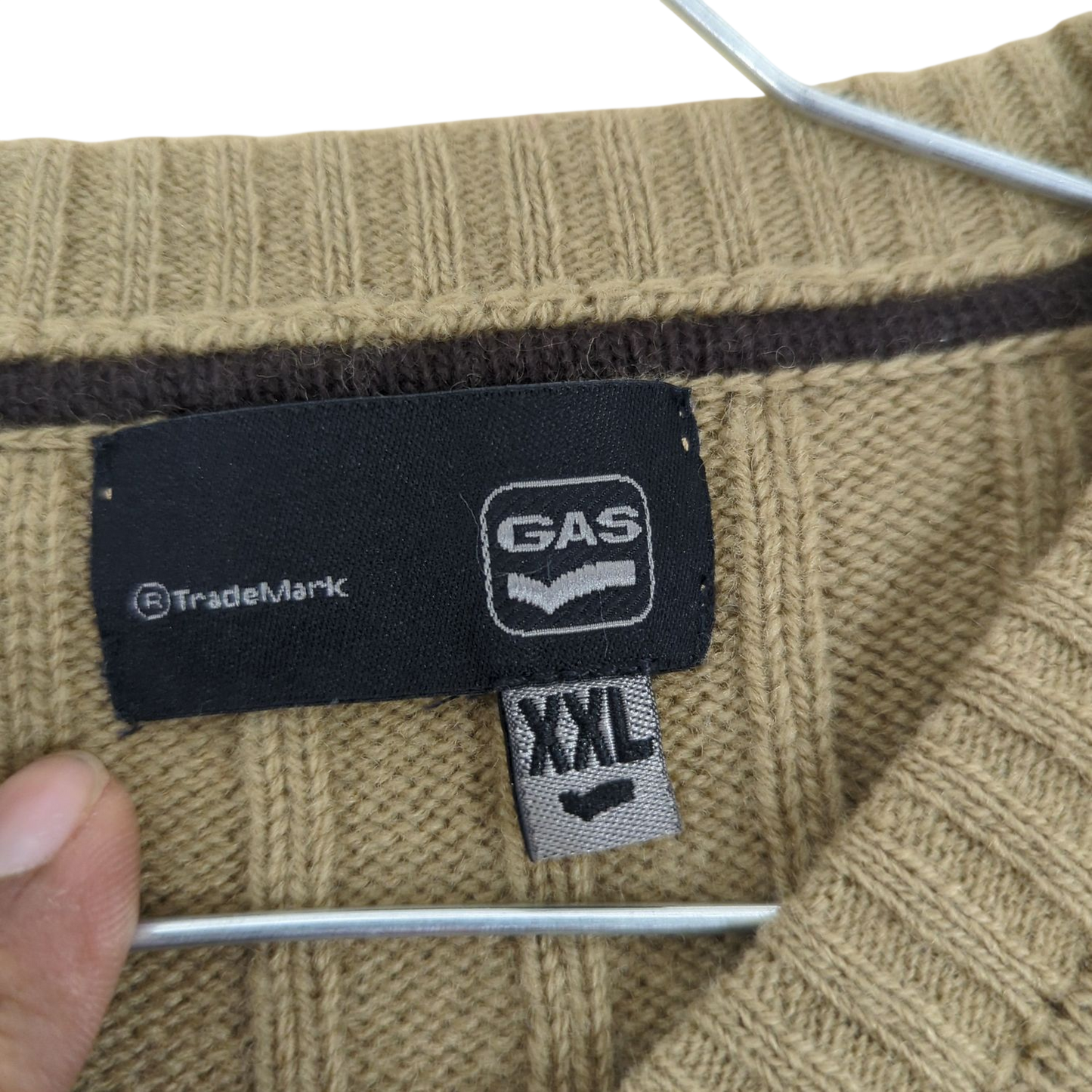 GAS Beige Ribbed V-neck Sweater - Size M