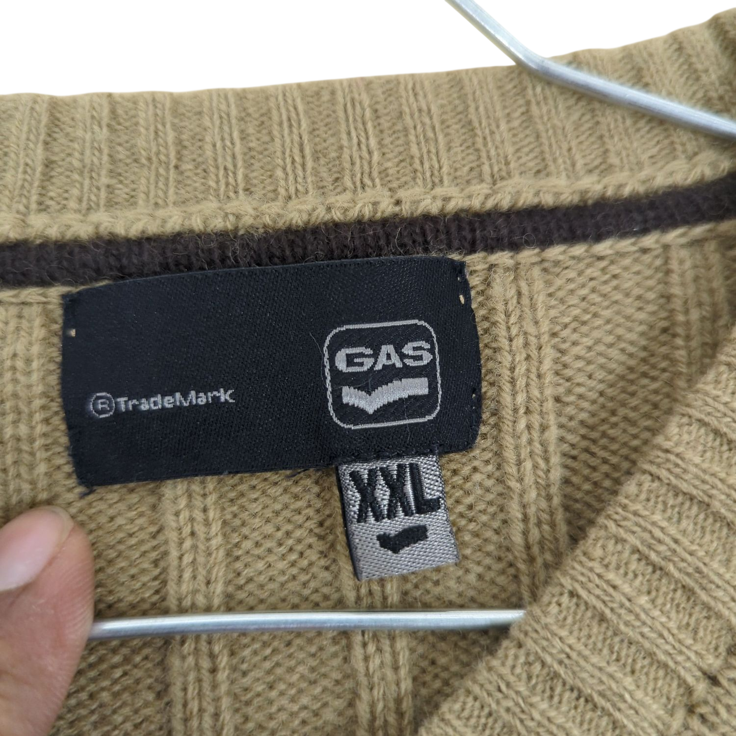 GAS Beige Ribbed V-neck Sweater - Size M