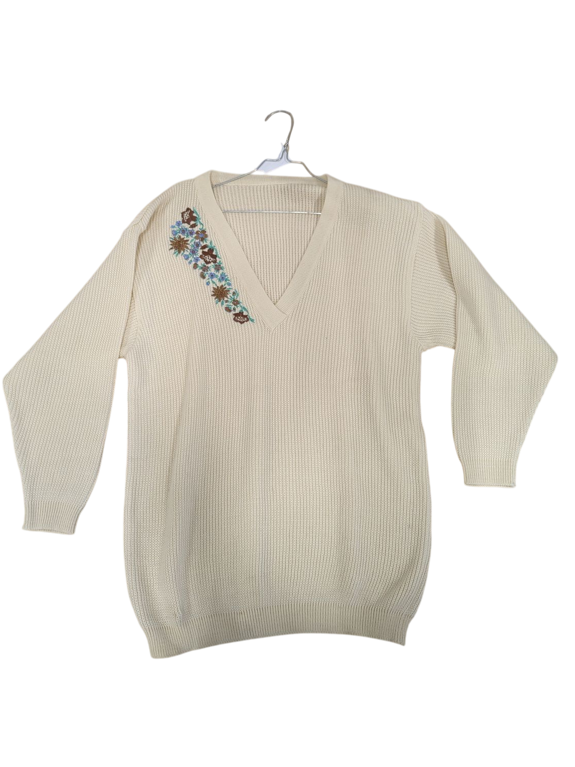 Cream Knit Sweater with Floral Embroidery Detail - V-Neck