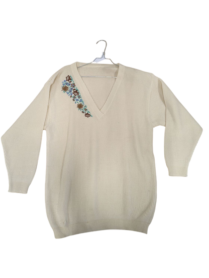 Cream Knit Sweater with Floral Embroidery Detail - V-Neck