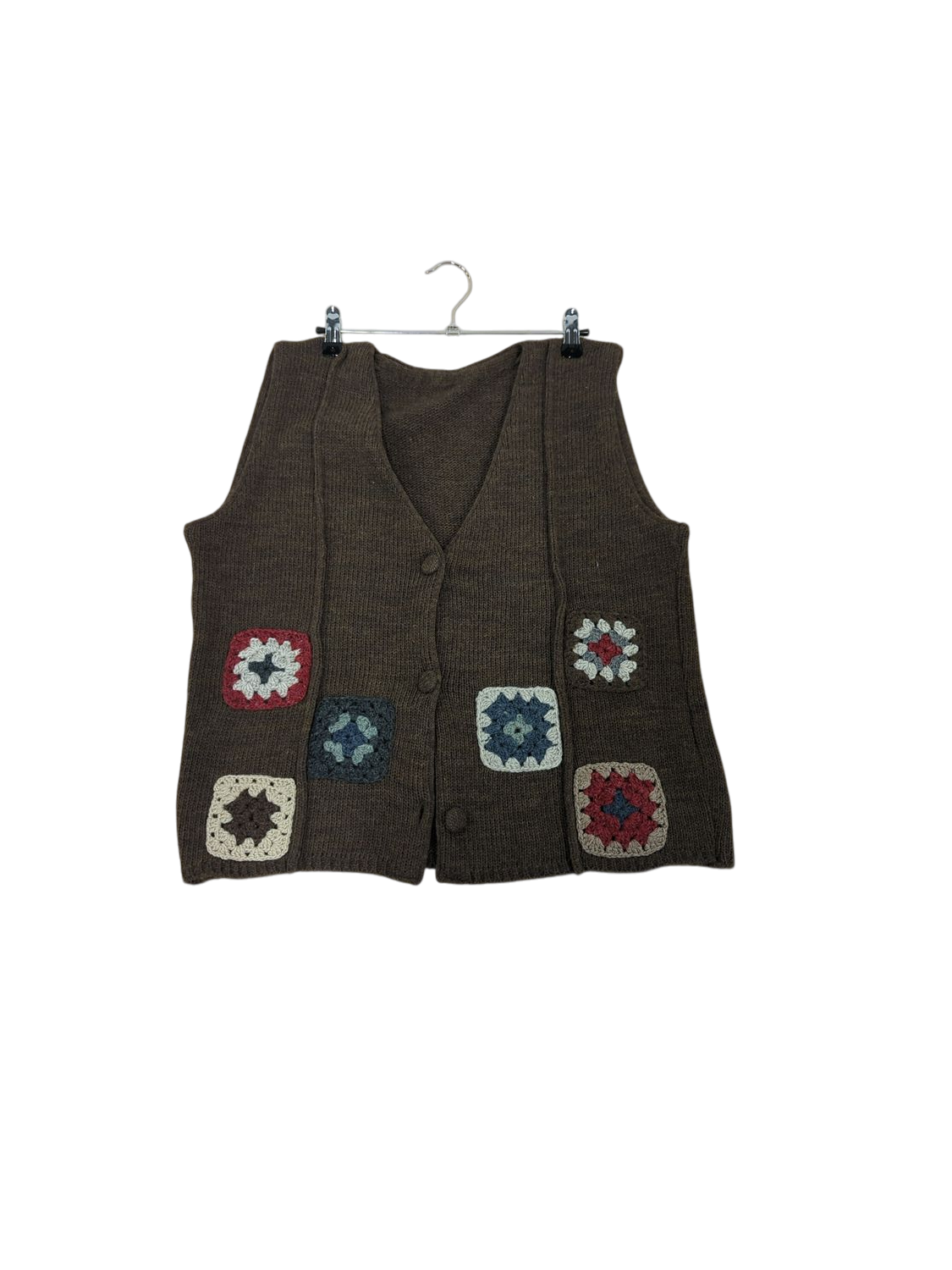 Handcrafted Brown Wool Sweater Vest with Crochet Squares - Size L