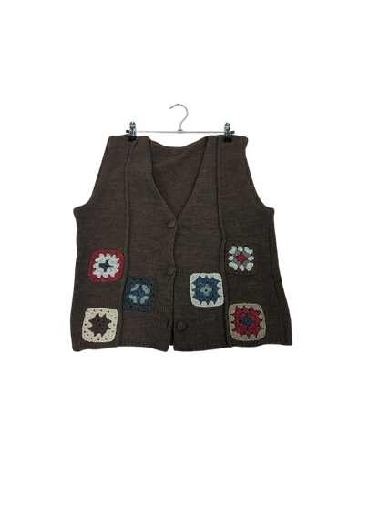 Handcrafted Brown Wool Sweater Vest with Crochet Squares - Size L