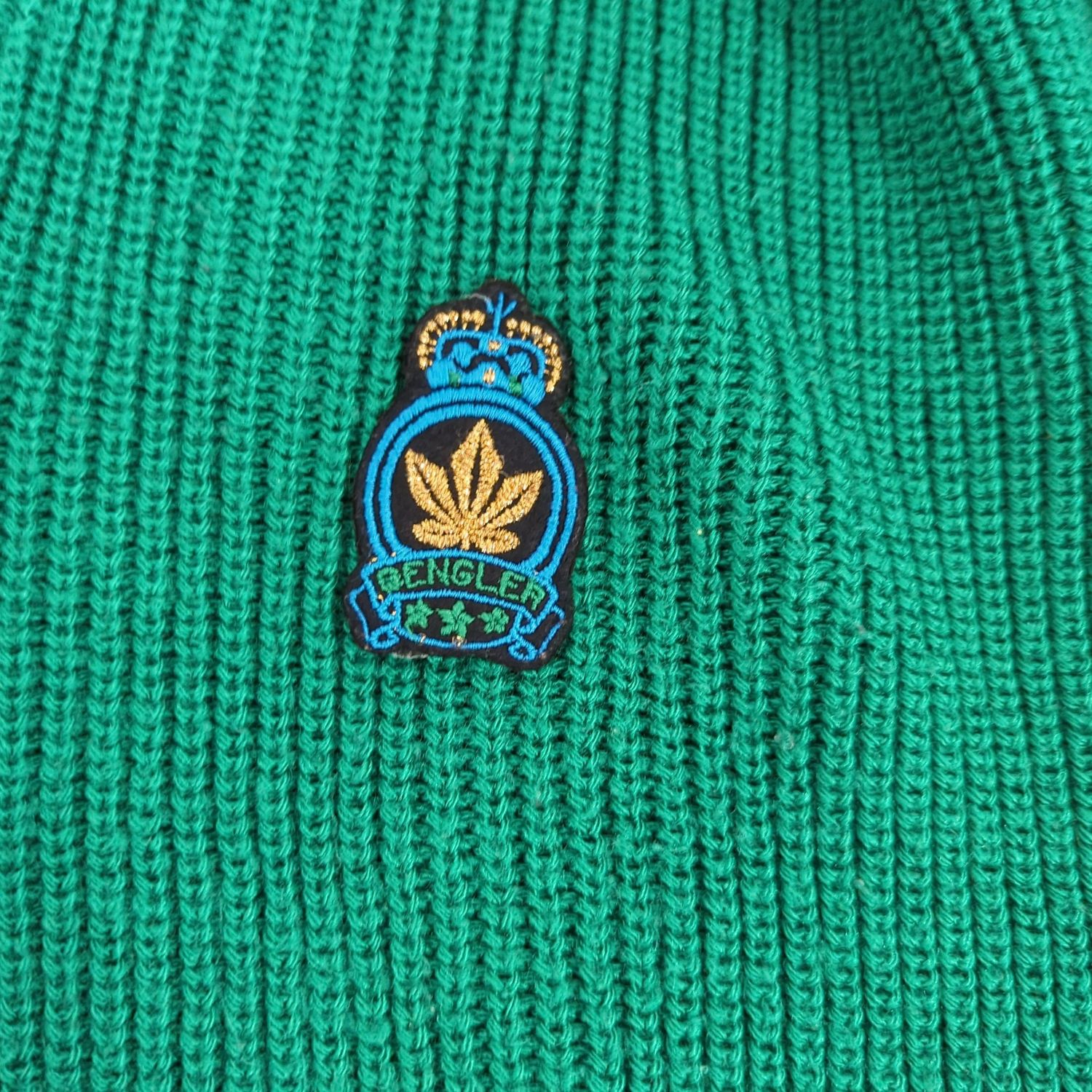 Feigler Green Knit Sweater with Embroidered Crest