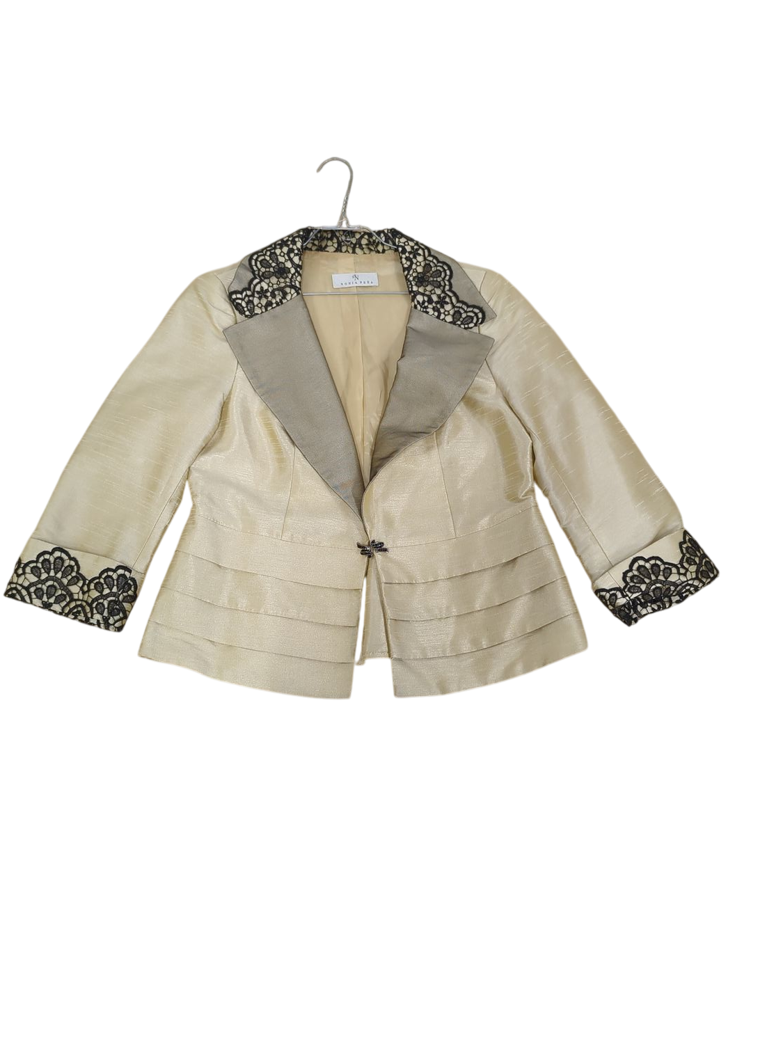 Sonia Peña Elegant Cream Silk Blazer with Black Lace Trim - Size 42