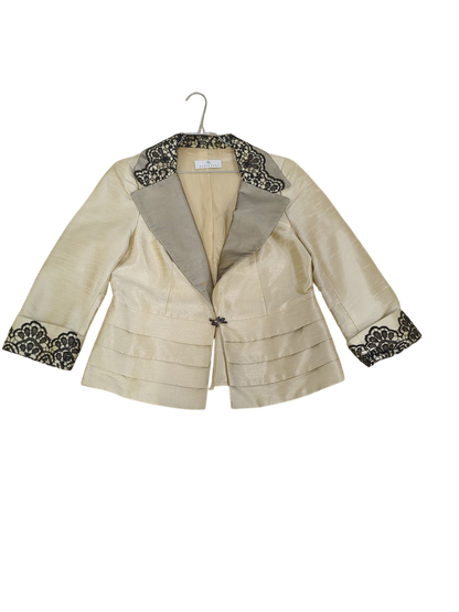Sonia Peña Elegant Cream Silk Blazer with Black Lace Trim - Size 42