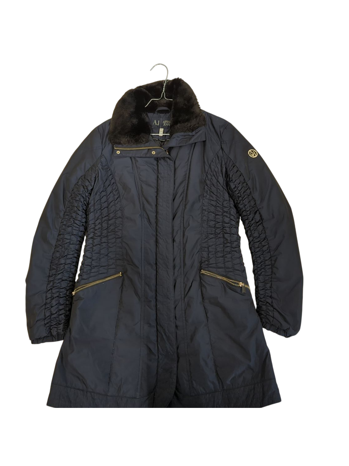 Armani Jeans Navy Parka Coat with Fur Collar - Size 42/6