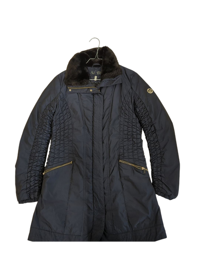 Armani Jeans Navy Parka Coat with Fur Collar - Size 42/6