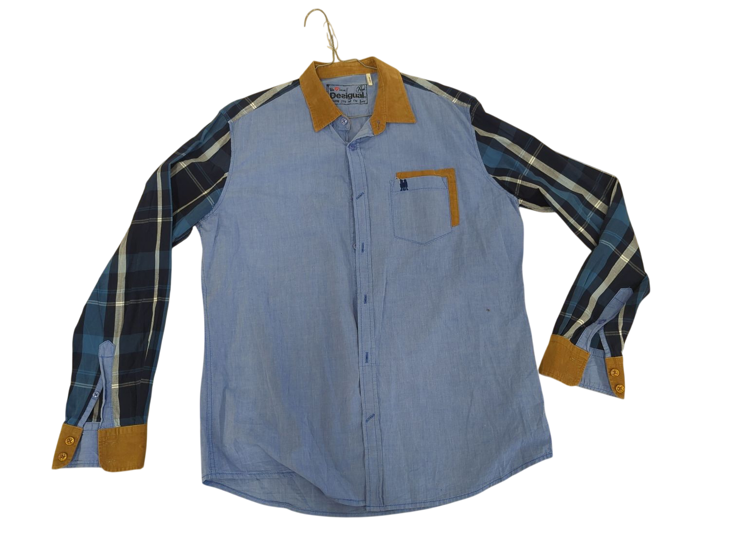 Desigual Blue Button-Down Shirt with Plaid Sleeves - Men's Regular