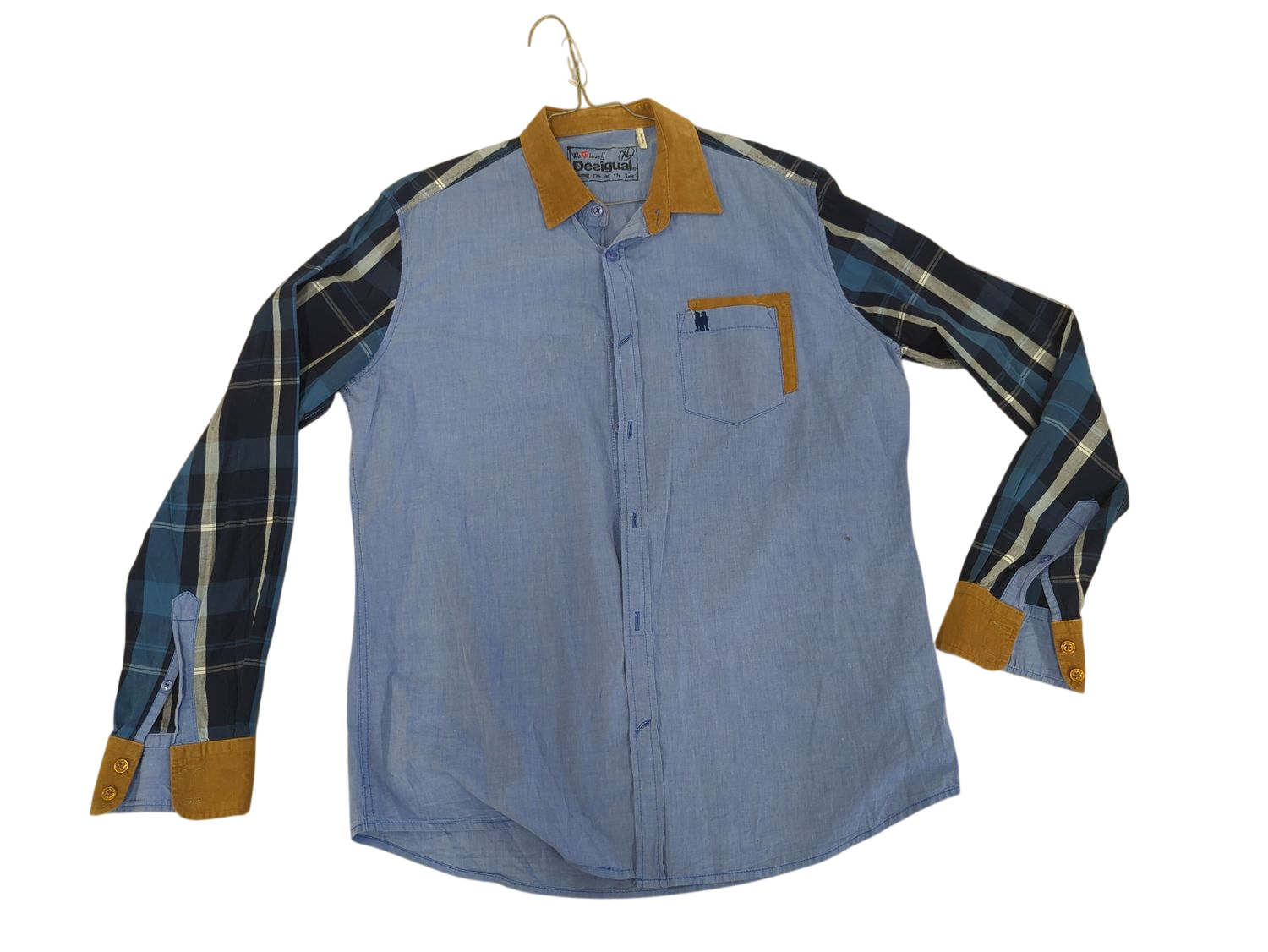 Desigual Blue Button-Down Shirt with Plaid Sleeves - Men's Regular