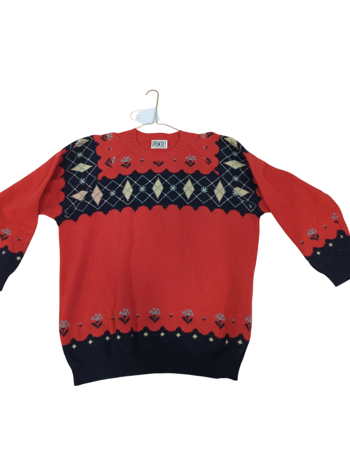 PREMODE Red & Navy Patterned Knit Sweater - Fair Isle Style
