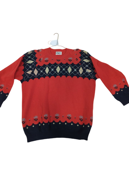 PREMODE Red & Navy Patterned Knit Sweater - Fair Isle Style