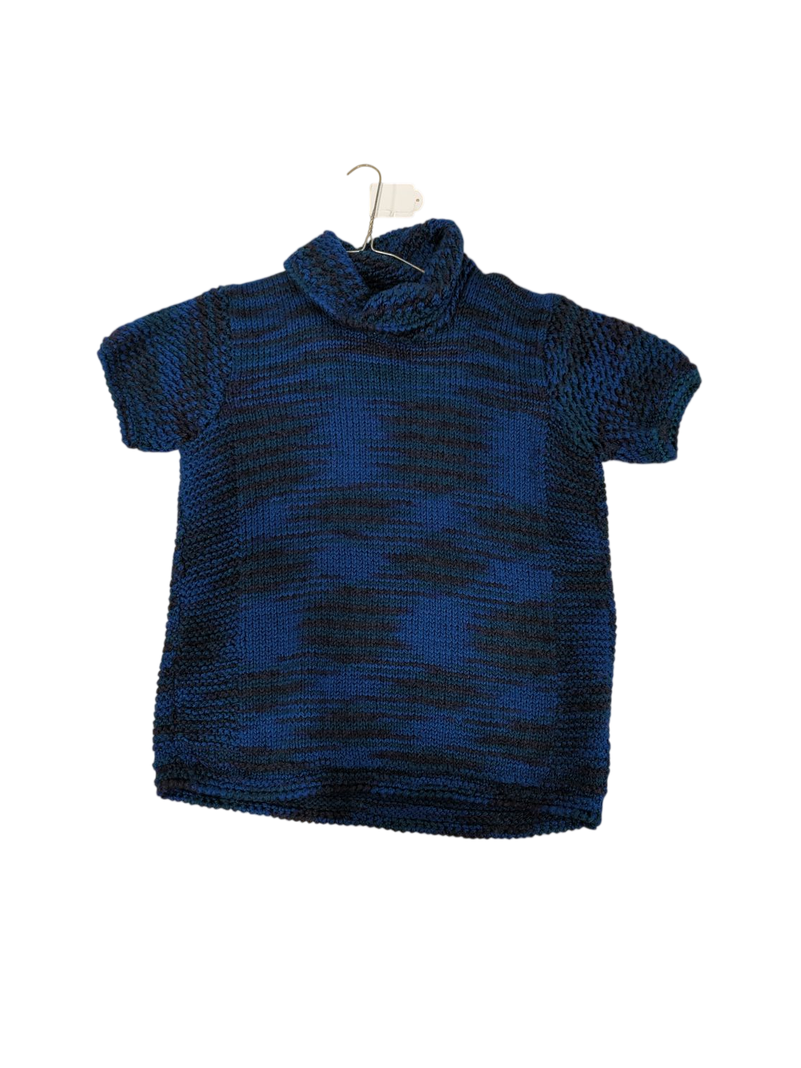 Handmade Blue Striped Knit Sweater - Short Sleeve Crew Neck