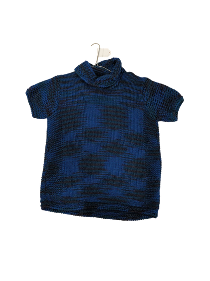 Handmade Blue Striped Knit Sweater - Short Sleeve Crew Neck