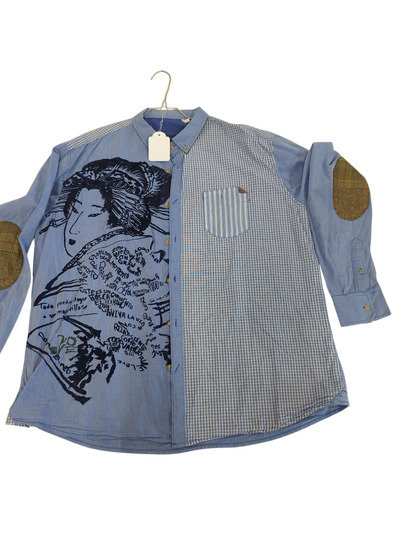 Desigual Blue Button-Down Shirt with Graphic Print - Size Regular