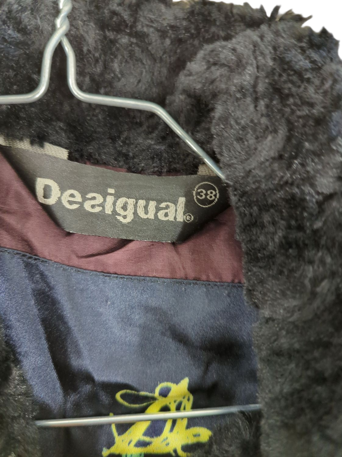 Desigual Patchwork Coat with Fur Collar - Size 38