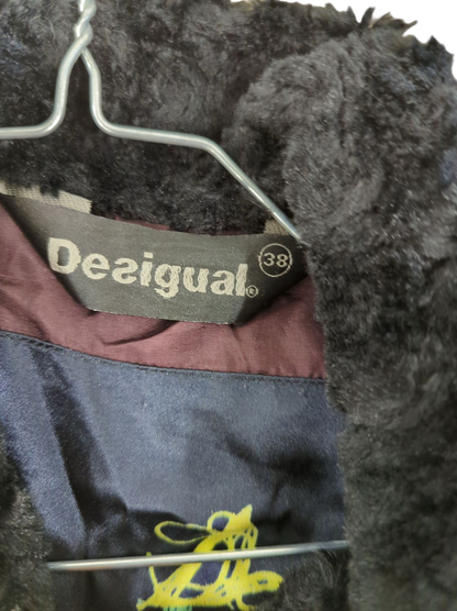 Desigual Patchwork Coat with Fur Collar - Size 38