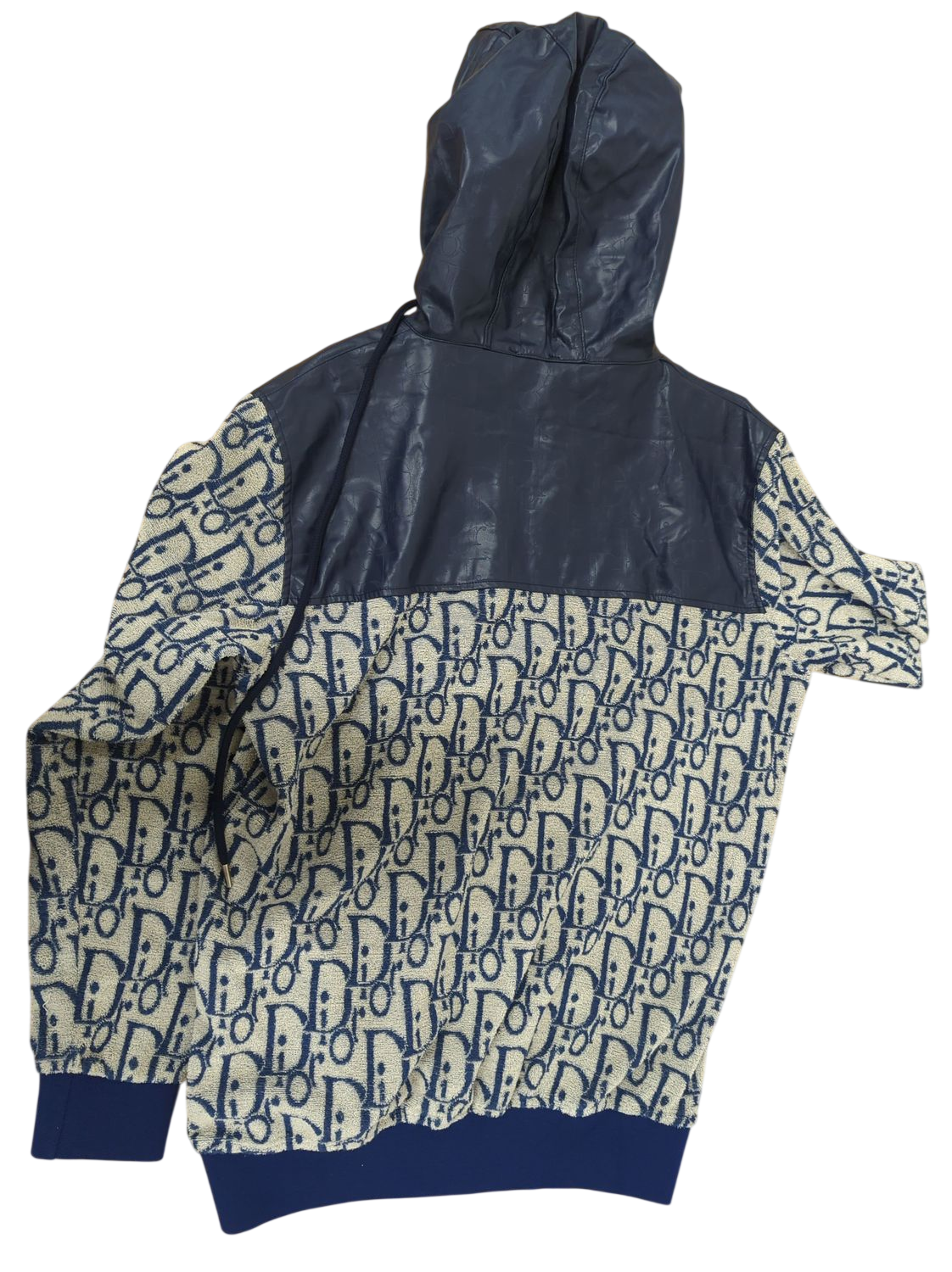 Men's Navy & Beige Patterned Bomber Jacket with Leather Details