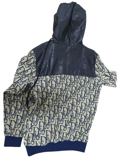 Men's Navy & Beige Patterned Bomber Jacket with Leather Details