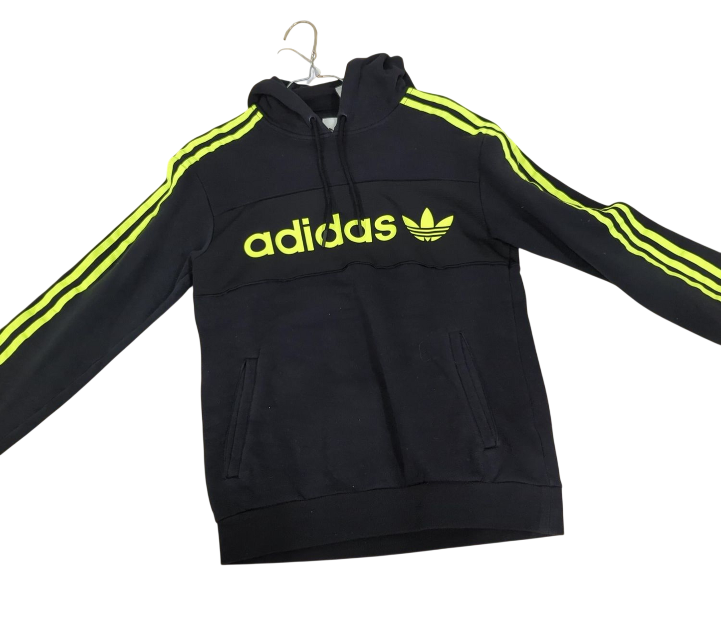 Adidas Black Hoodie with Neon Yellow Stripes - Size XS