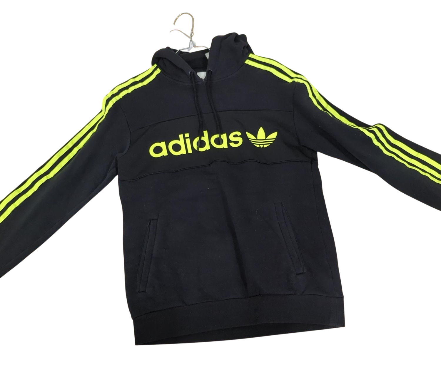 Adidas Black Hoodie with Neon Yellow Stripes - Size XS