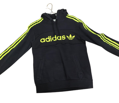 Adidas Black Hoodie with Neon Yellow Stripes - Size XS