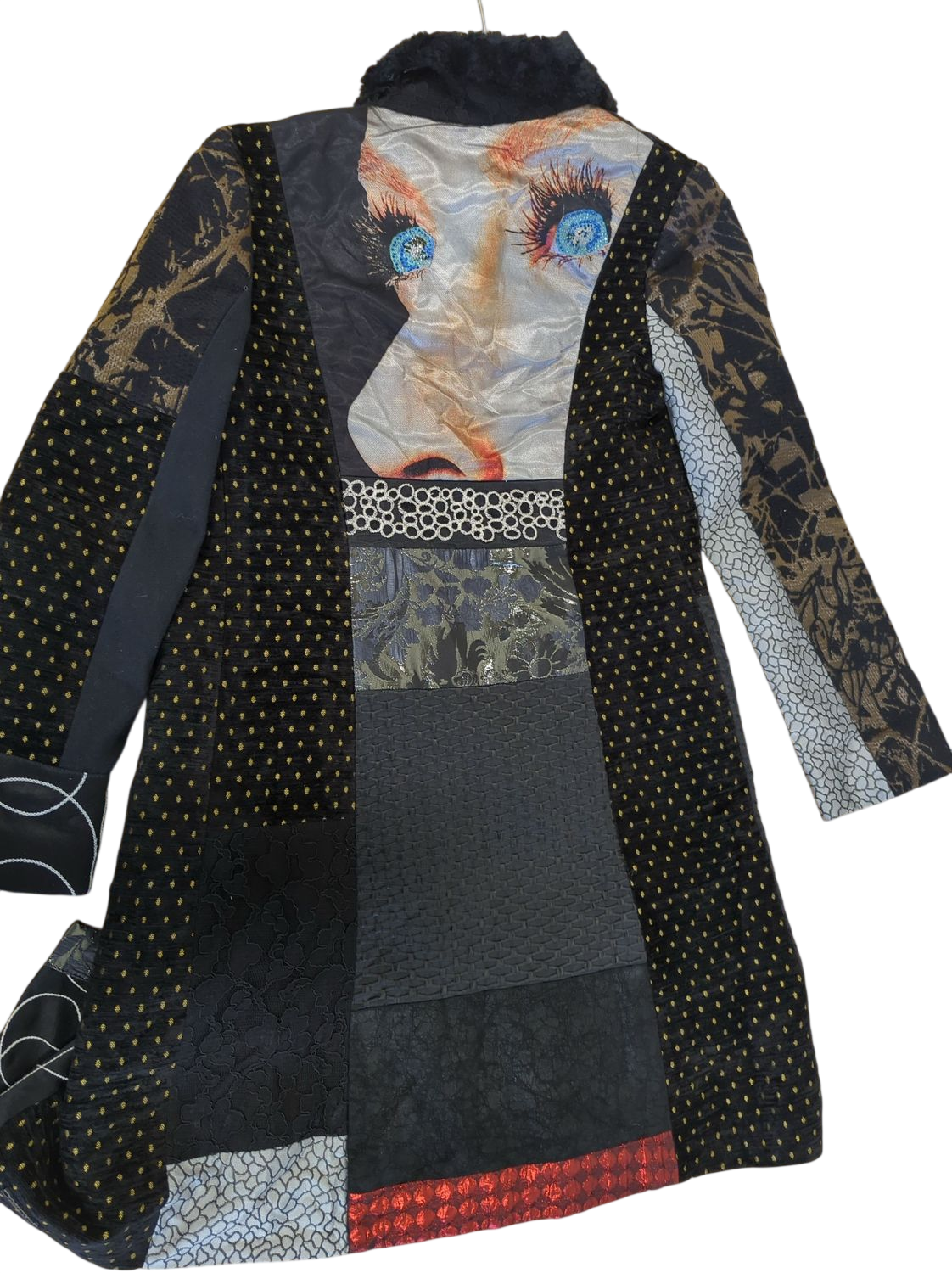 Desigual Patchwork Coat with Fur Collar - Size 38