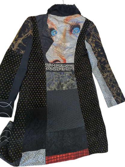 Desigual Patchwork Coat with Fur Collar - Size 38