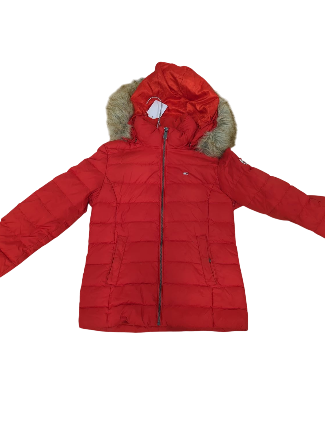 Tommy Jeans Red Puffer Jacket with Fur Hood - Size S