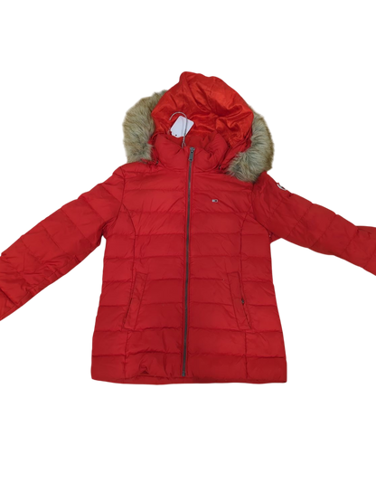 Tommy Jeans Red Puffer Jacket with Fur Hood - Size S