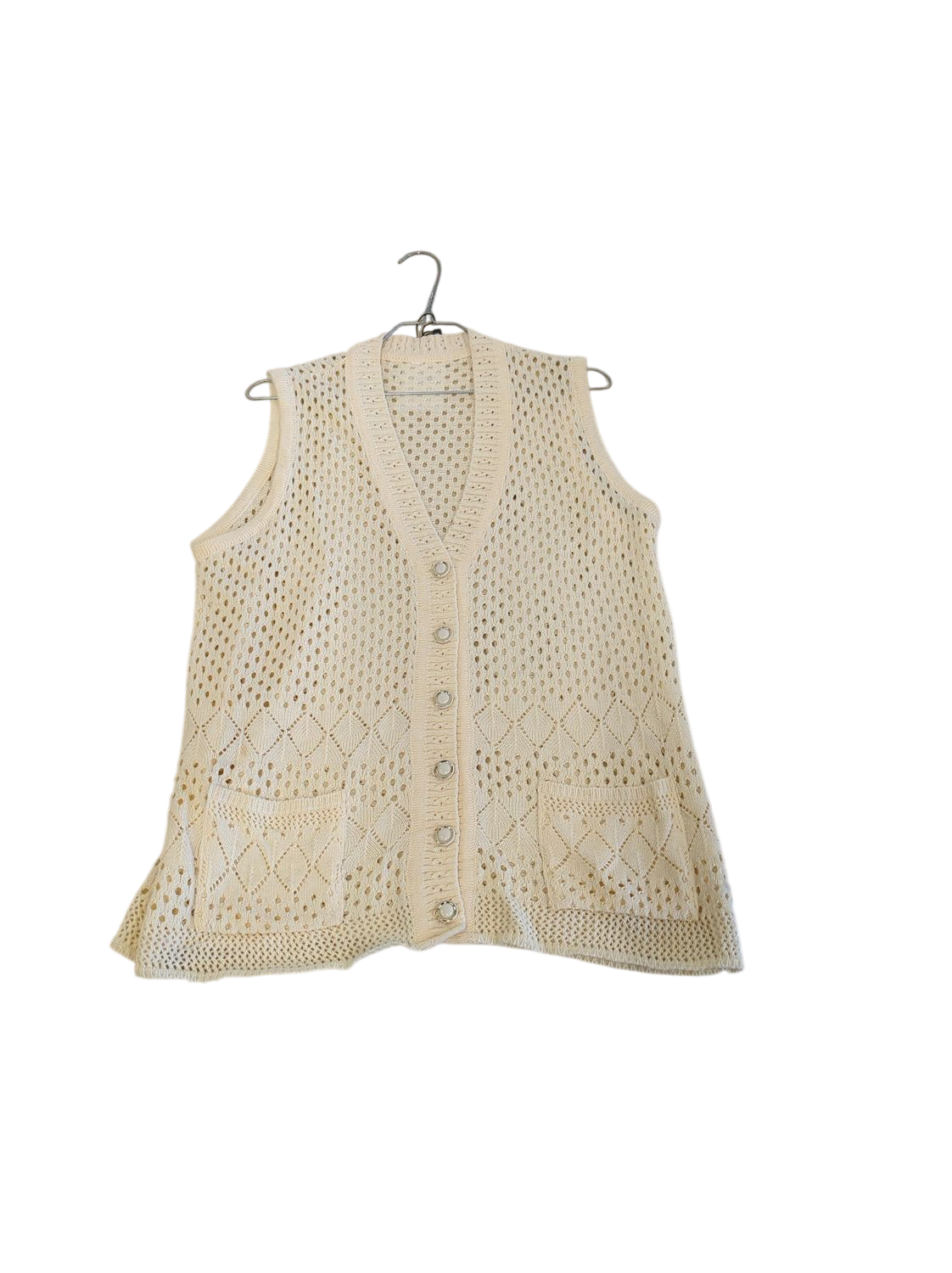 Cream Knitted Sleeveless Sweater Vest with Button Front