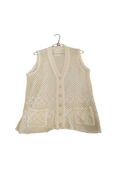 Cream Knitted Sleeveless Sweater Vest with Button Front