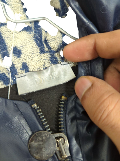 Men's Navy & Beige Patterned Bomber Jacket with Leather Details