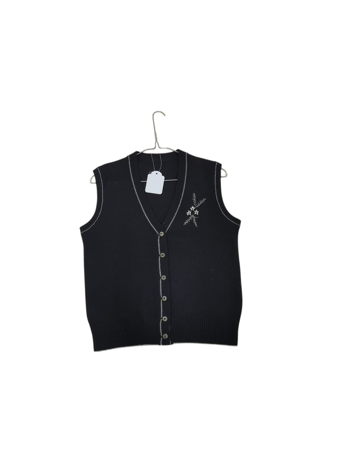Black Lambswool Blend V-Neck Sweater Vest with Floral Embroidery
