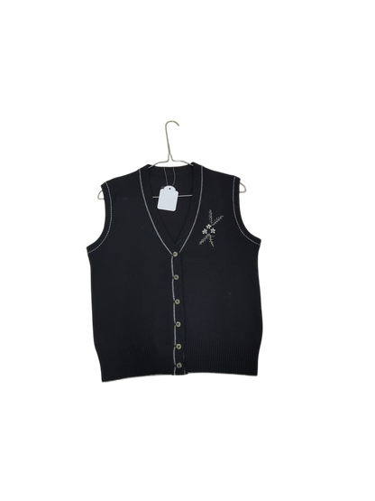 Black Lambswool Blend V-Neck Sweater Vest with Floral Embroidery