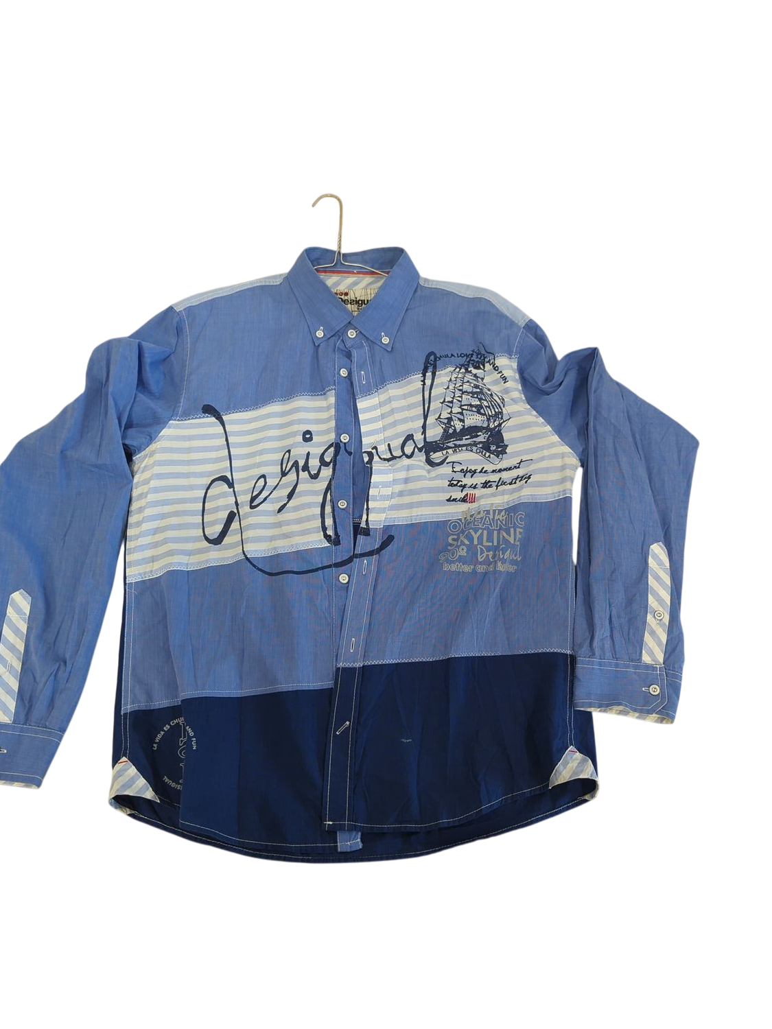 Desigual Blue Patchwork Button-Down Shirt - Size Slim