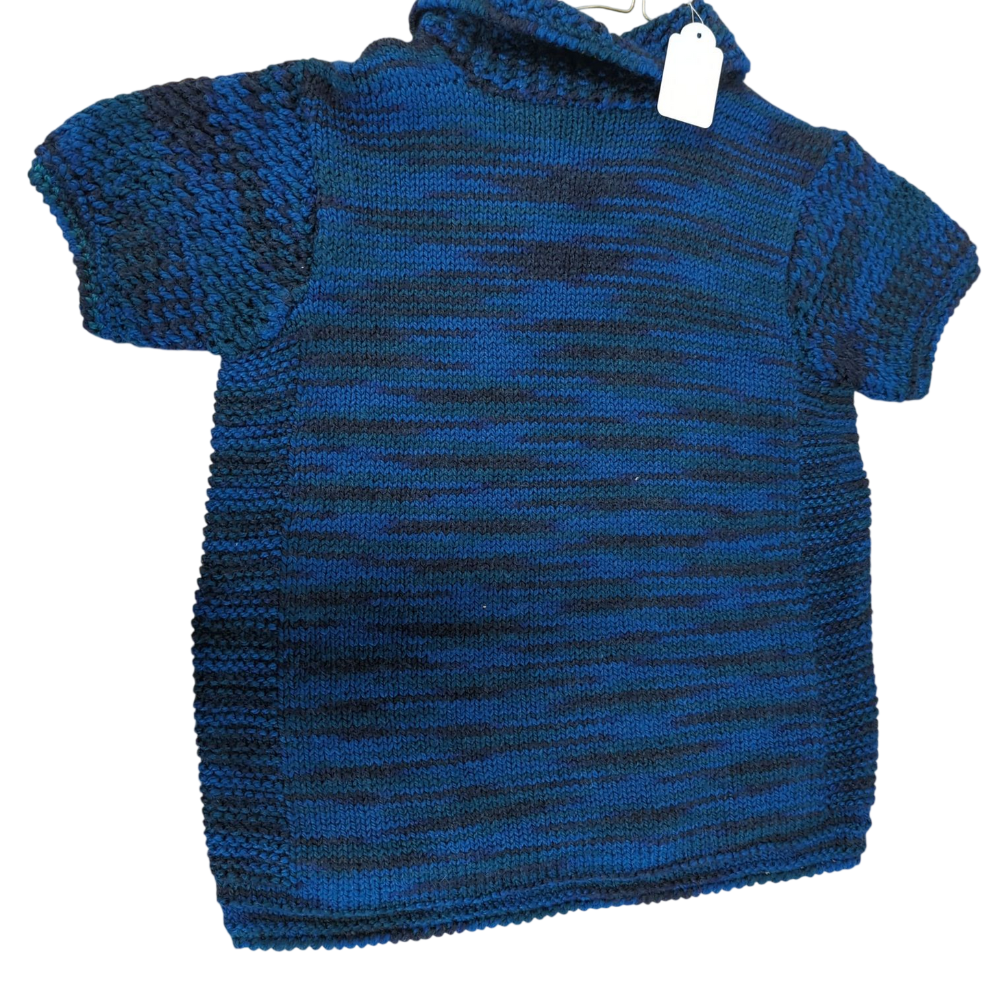Handmade Blue Striped Knit Sweater - Short Sleeve Crew Neck