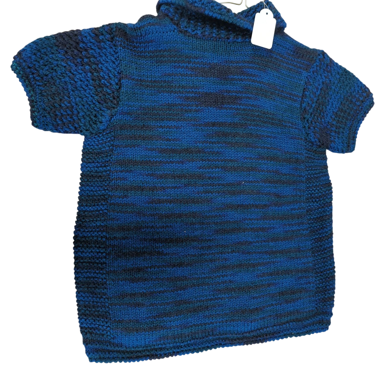 Handmade Blue Striped Knit Sweater - Short Sleeve Crew Neck