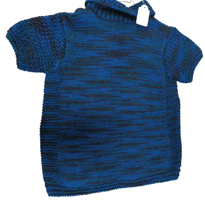 Handmade Blue Striped Knit Sweater - Short Sleeve Crew Neck