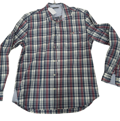 Classic Plaid Button-Down Shirt - Navy, Red and White Check Pattern