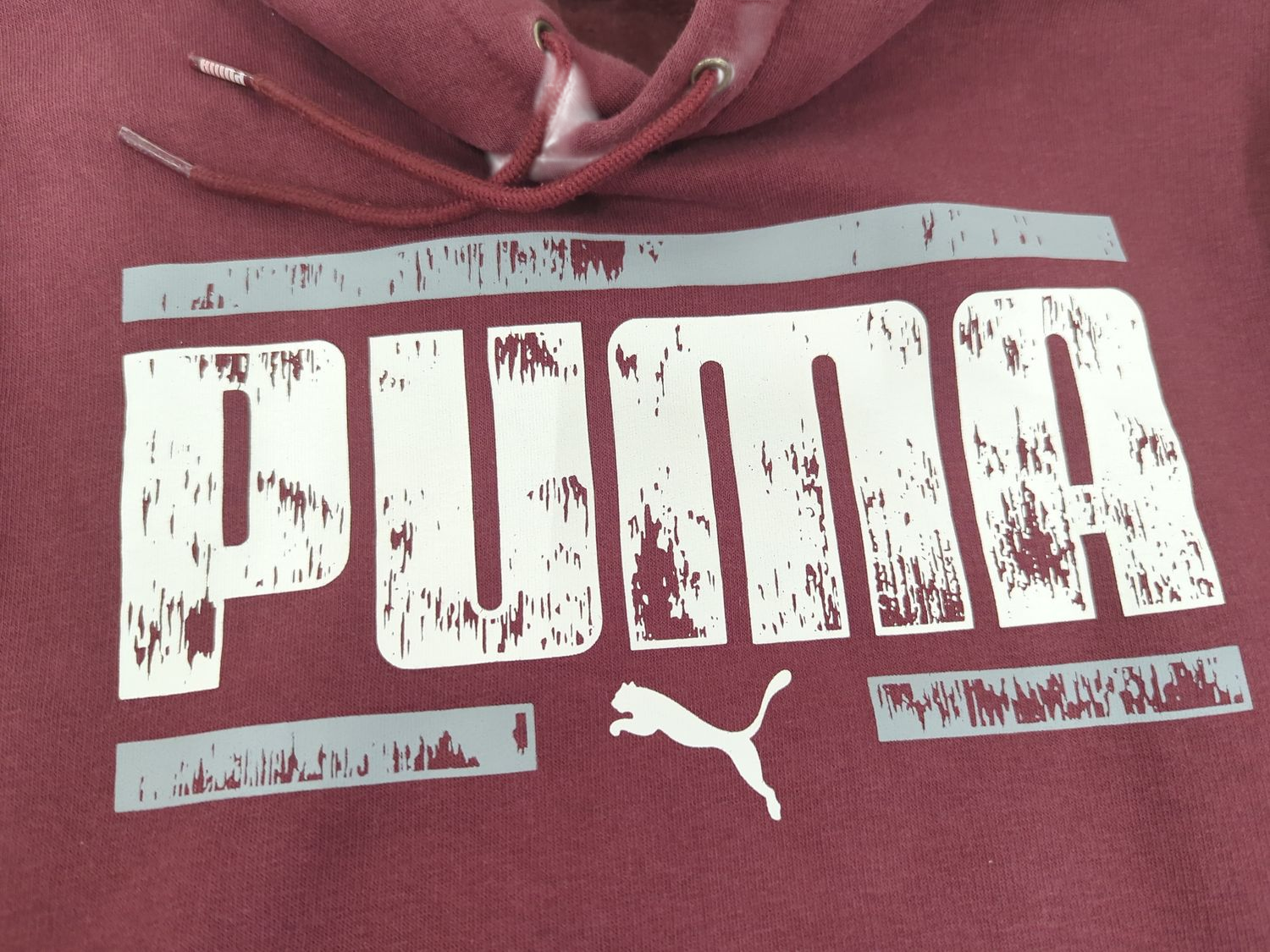 Puma Burgundy Hoodie with Distressed Logo - Size XS