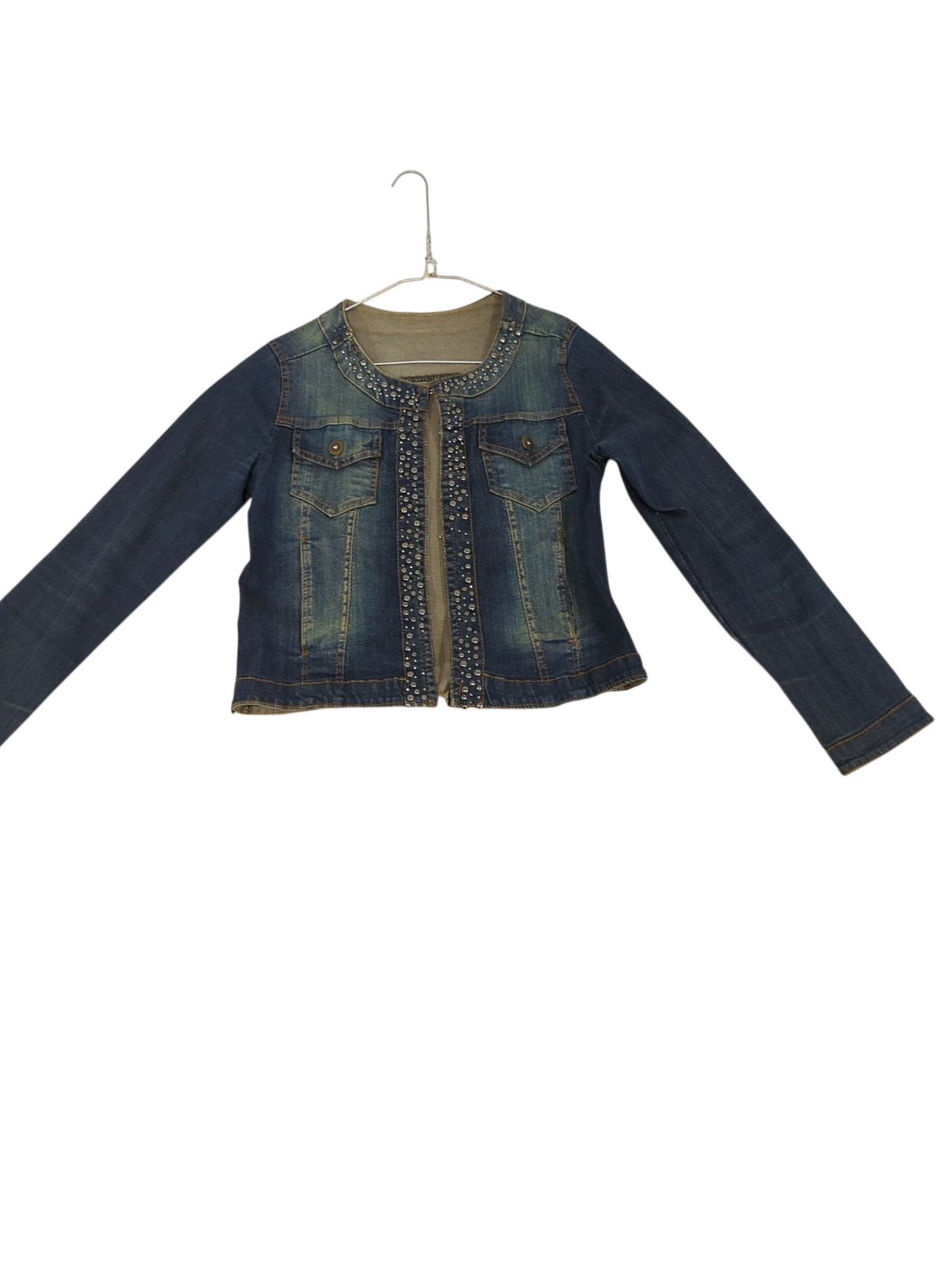 Women's Embellished Denim Jacket with Decorative Studs