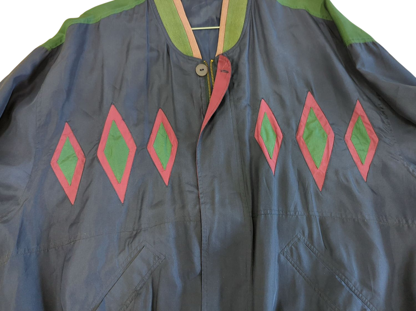 Vintage XXL Bomber Jacket with Diamond Pattern - Navy with Green & Pink Accents