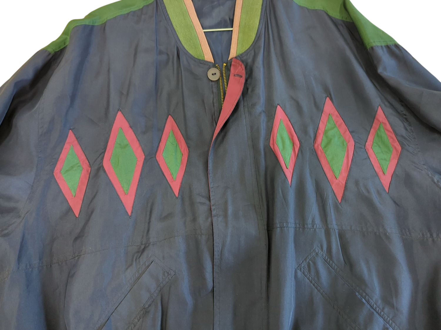 Vintage XXL Bomber Jacket with Diamond Pattern - Navy with Green & Pink Accents