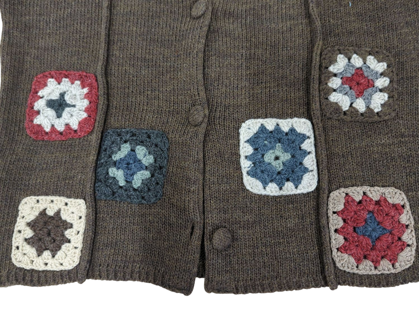 Handcrafted Brown Wool Sweater Vest with Crochet Squares - Size L
